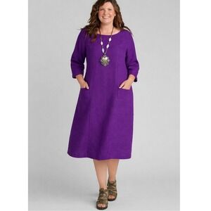 Flax Purple Slouch Pocket Linen Shift Dress 3/4 Sleeve Laggenlook Size Large